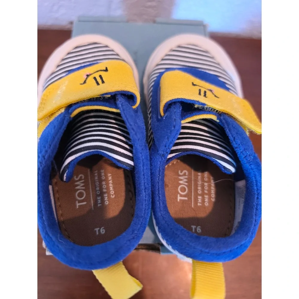 Toms Doheny Tiny 6 Kids Shoes Black White Stripe Smiley Blue Yellow 10014276